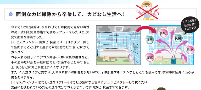 今までのカビ掃除は、水まわりでしか使用できない毒性の高い洗剤を完全防備で何度もスプレーをしたりと、大変で面倒な作業でした。「ミセスクレンリー 防カビ・抗菌ミスト」はボタン一押しで空間まるごと（約12畳まで対応）防カビでき、とにかくカンタン。お手入れが難しいエアコン内部・天井・家具の裏側など、手の届かない所も手軽に防カビ・抗菌することができる上、使うほどにカビが生えにくくなります。また、くん煙タイプと異なり、人体や素材への影響も少ないので、子供部屋やキッチンなどどこででも使用でき、噴射中に室外に出る必要もありません。「ミセスクレンリー 防カビ・洗浄スプレー」はカビが気になる箇所にシュッとスプレーして拭くだけ。食品にも使われている安心の洗浄成分でおそうじついでに防カビ・抗菌までできます。