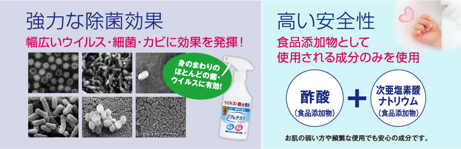 幅広いウイルス・細菌・カビに効果を発揮！　身のまわりのほとんどの菌・ウイルスに有効！　高い安全性：食品添加物として使用される成分のみを使用。「酢酸（食品添加物）＋次亜塩素酸ナトリウム（食品添加物）」お肌の弱い方や頻繁な使用でも安心の成分です。